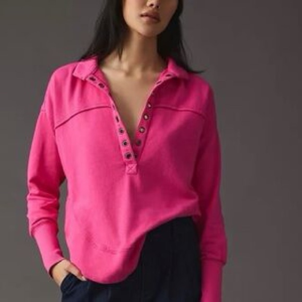 Pilcro by Anthropologie pink collared V-neck grommet eyelet pullover size Large